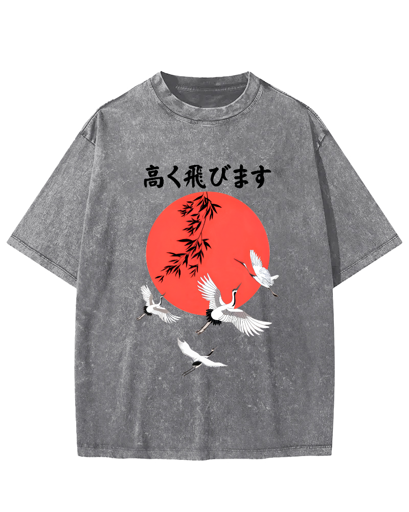 Flying Crane Japan Vintage Washed T-shirt-Zazasy