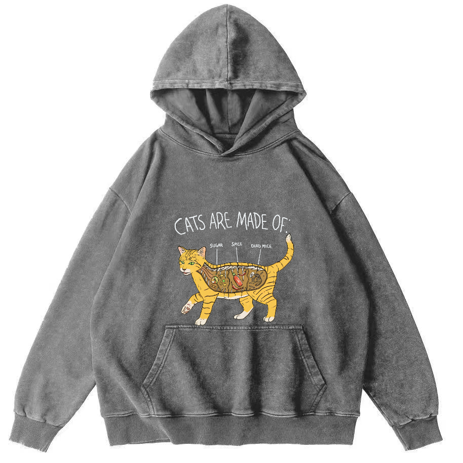 Abstract Cat Japanese Washed Hoodie-Zazasy