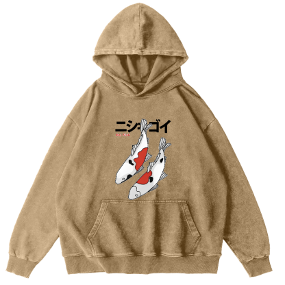 Koi Painting Pattern Japanese Style Vintage Distressed Hoodie-Zazasy