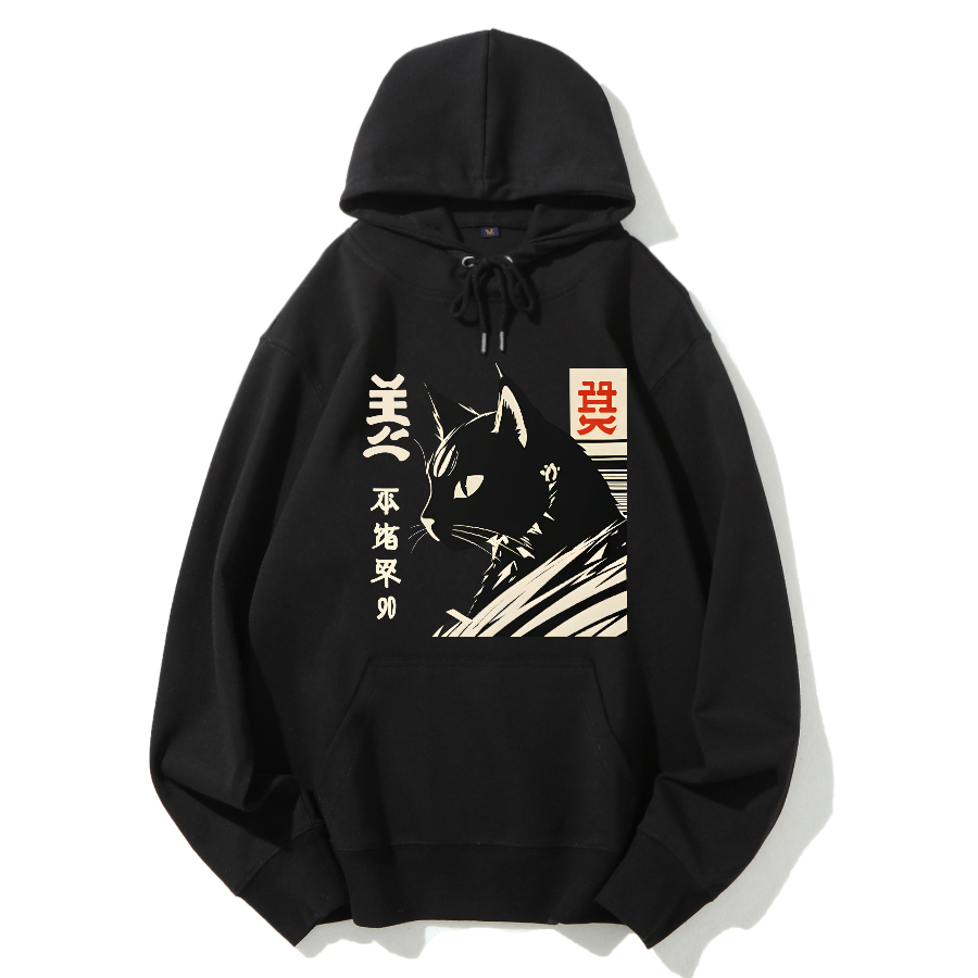Japanese Black Cat Cotton Hoodie