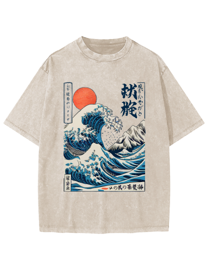 Ukiyo-e ocean Waves Vintage Washed T-shirt-Zazasy