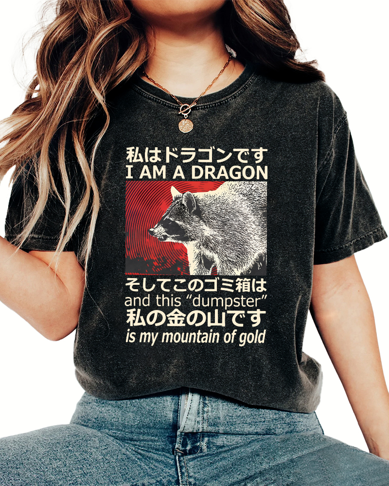 Dragon Raccoon Japanese Vintage Washed T-shirt-Zazasy