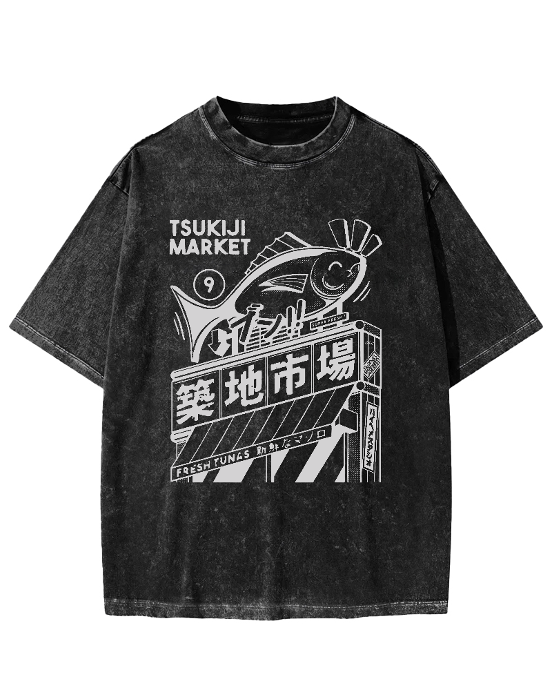 Tsukiji Seafood Market Vintage Washed T-shirt-Zazasy