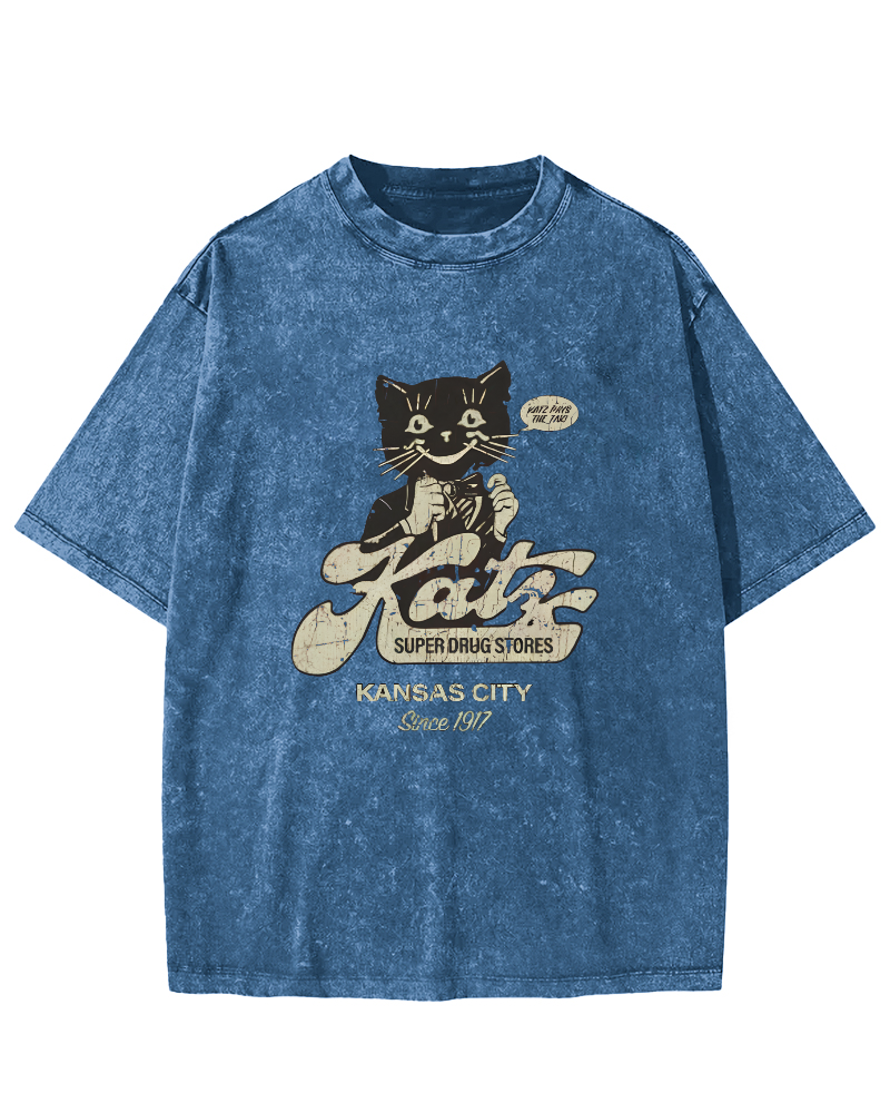 Retro Cat Pattern Japanese Washed T-shirt-Zazasy