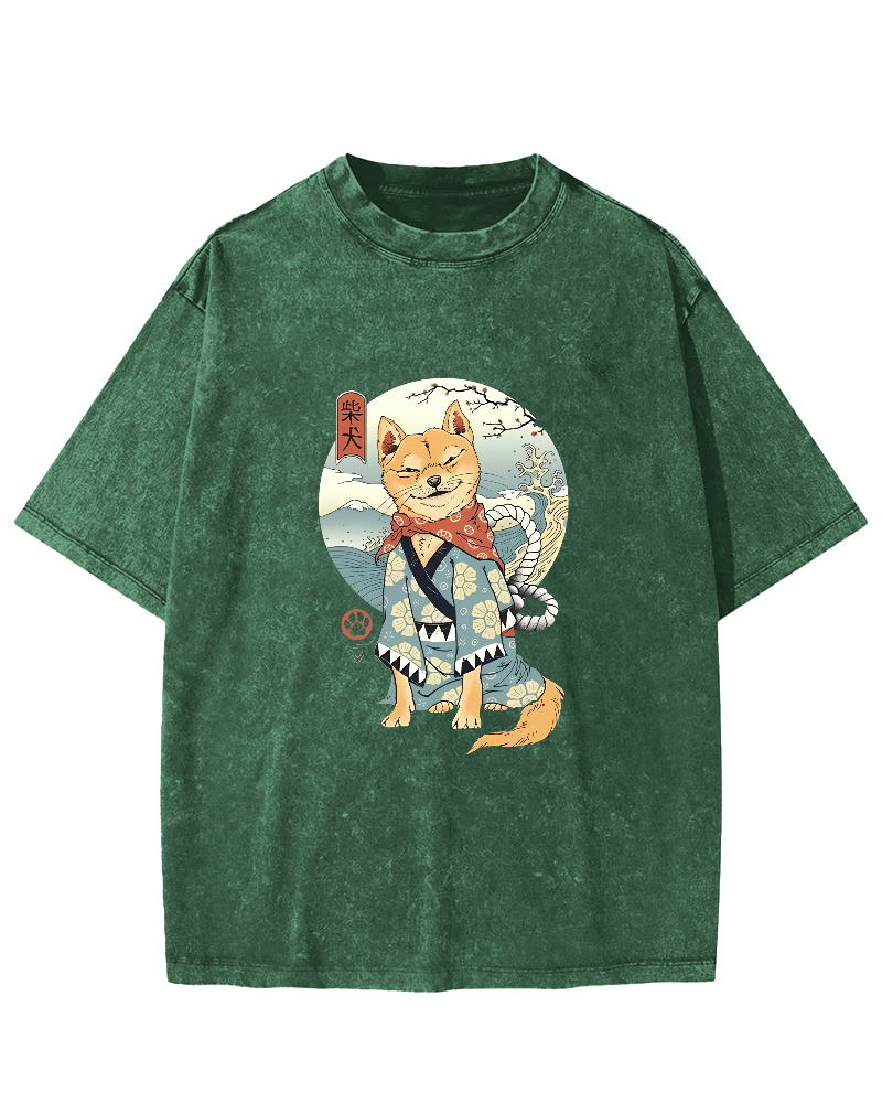 Samurai Shiba Dog Japanese Washed T-Shirt-Zazasy