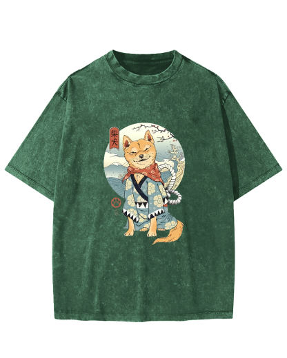 Samurai Shiba Dog Japanese Washed T-Shirt-Zazasy