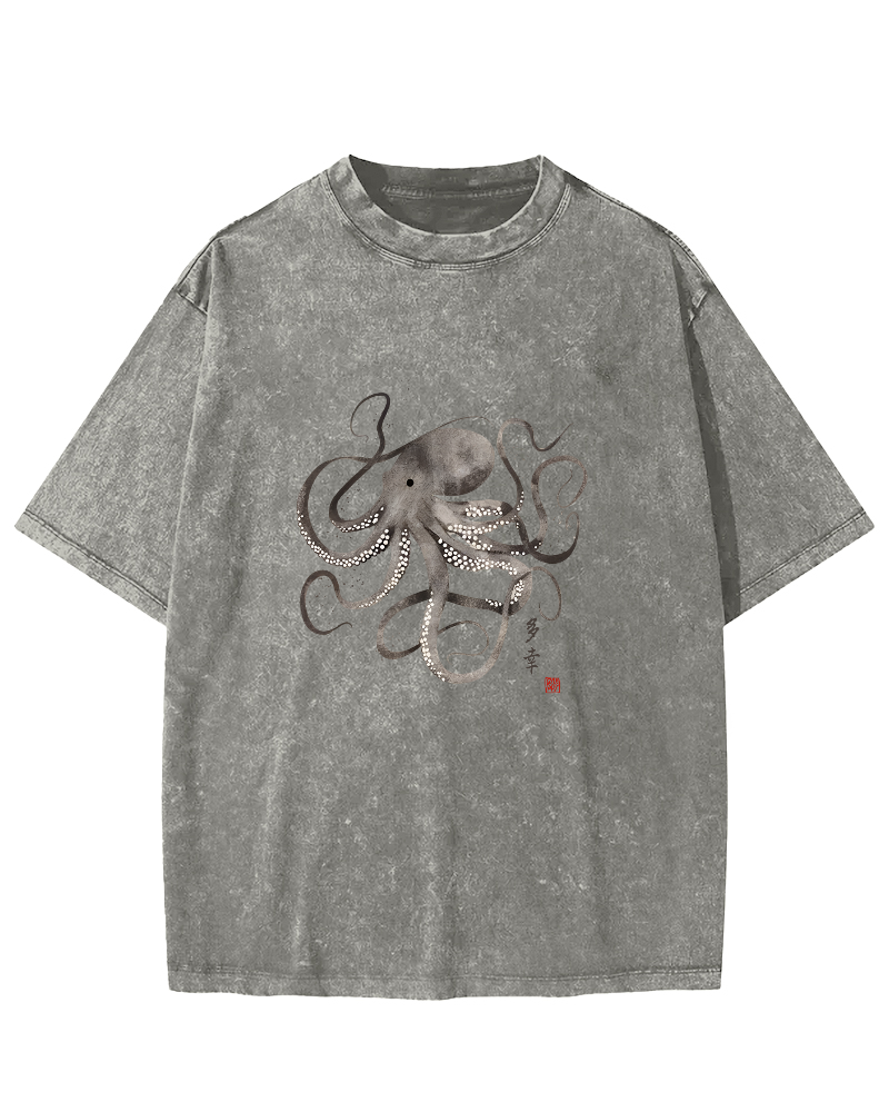 Japanese Octopus Pattern Vintage Distressed T-shirt-Zazasy
