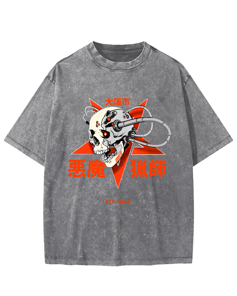 Japanese Style Demon Skull Pattern Vintage Distressed T-shirt-Zazasy