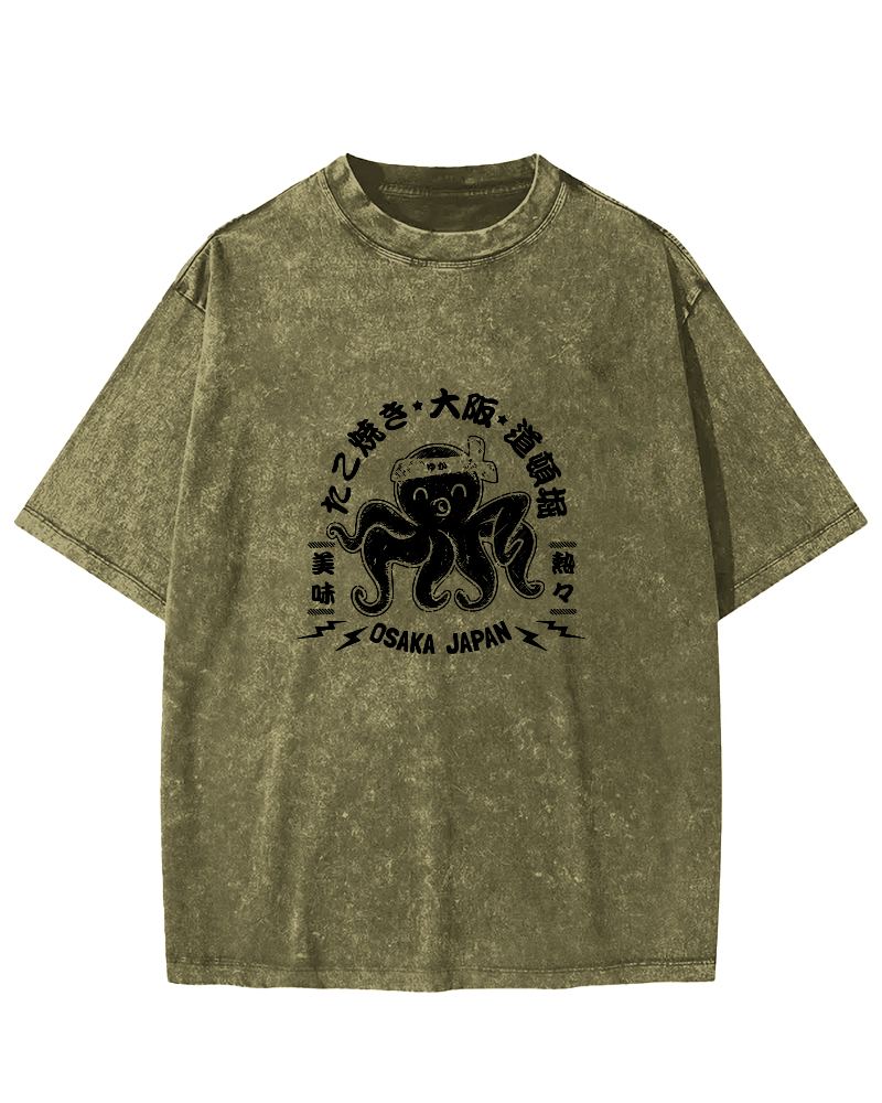 Japanese Script Octopus Pattern Vintage Distressed T-shirt-Zazasy