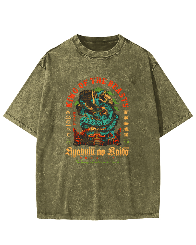 Japanese Mythological Dragon Pattern Vintage Distressed T-shirt-Zazasy