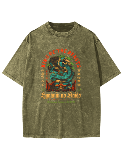Japanese Mythological Dragon Pattern Vintage Distressed T-shirt-Zazasy