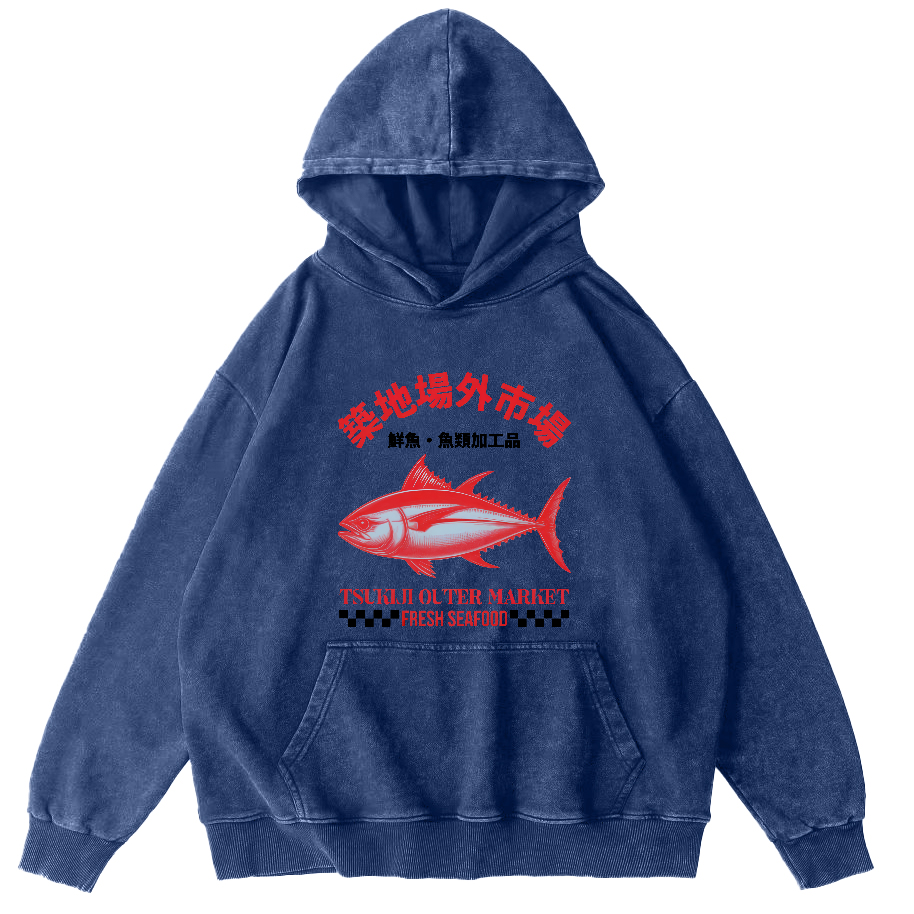Japanese Seafood Market Tuna Vintage Distressed Hoodie-Zazasy