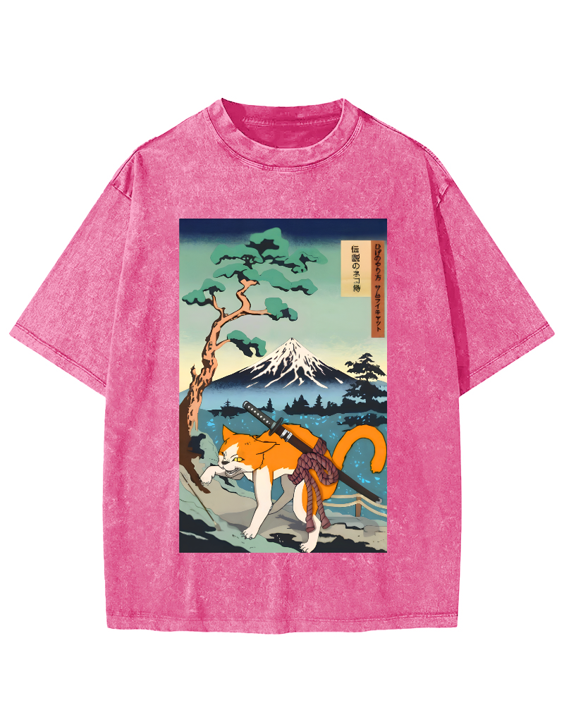 Edo Period Cat Pattern Vintage Washed T-shirt-Zazasy