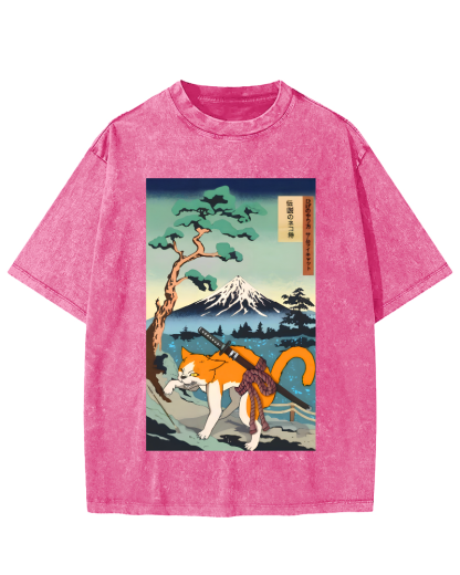 Edo Period Cat Pattern Vintage Washed T-shirt-Zazasy