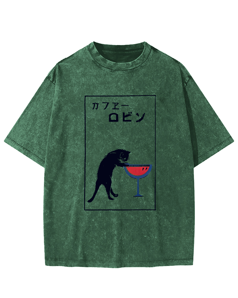 Japanese Script Red wine cat Vintage Distressed T-shirt-Zazasy