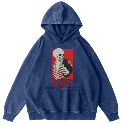 Skeleton and Cat Japanese Style Vintage Washed Hoodie-Zazasy
