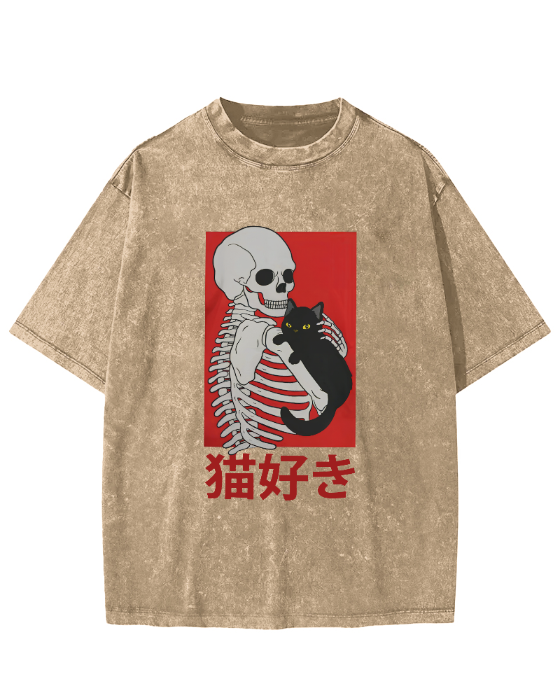 Skeleton And Cat Japanese Style Vintage Washed T-shirt-Zazasy
