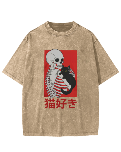 Skeleton And Cat Japanese Style Vintage Washed T-shirt-Zazasy