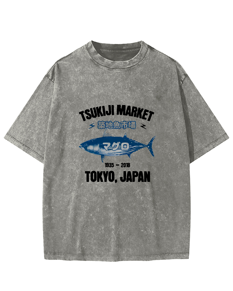 Japanese Sea Fish Market Pattern Vintage Distressed T-shirt-Zazasy