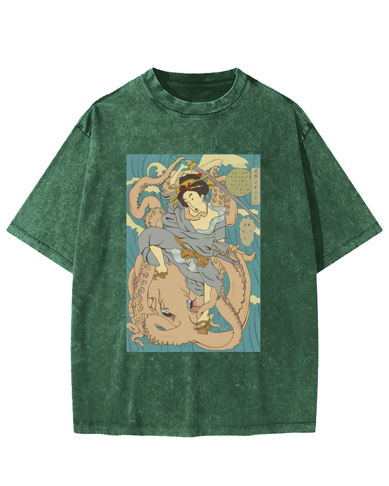 Ukiyo-i Japanese Women Vintage Washed T-shirt-Zazasy