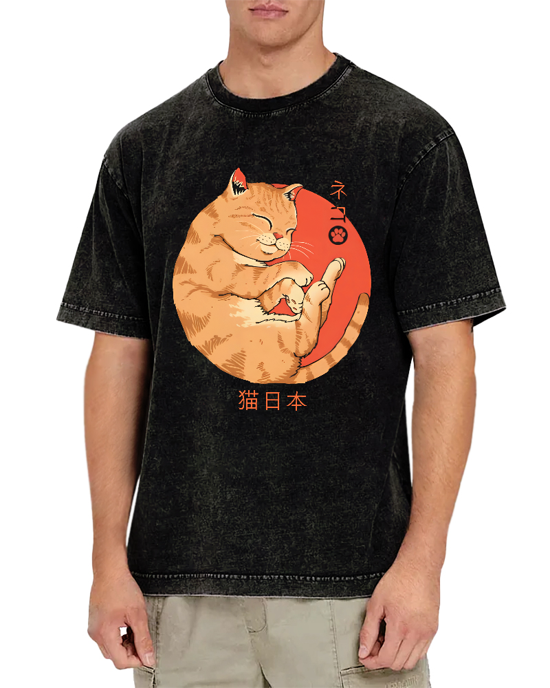 Lazy Japanese Cat Vintage Distressed T-shirt-Zazasy