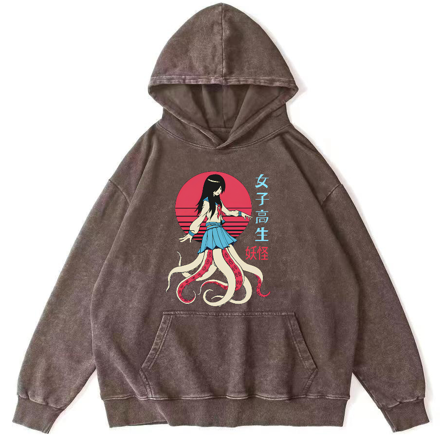 Female Octopus Monster Vintage Distressed Hoodie-Zazasy