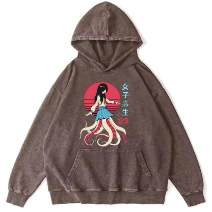 Female Octopus Monster Vintage Distressed Hoodie-Zazasy