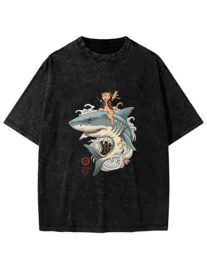 Shark Riding Cat Warrior Japanese Washed T-shirt-Zazasy