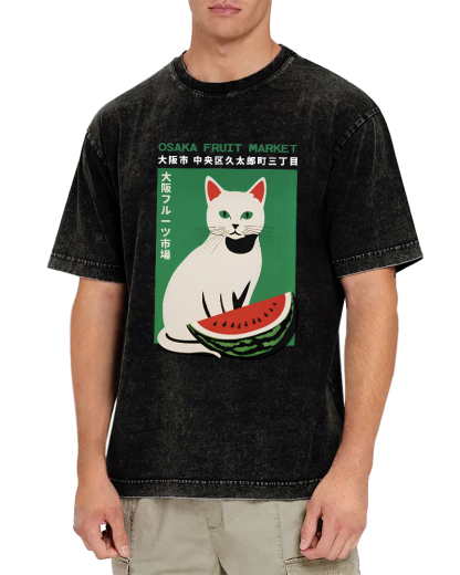 Cat Who Loves To Eat Watermelon Japanese Style Vintage Distressed T-shirt-Zazasy