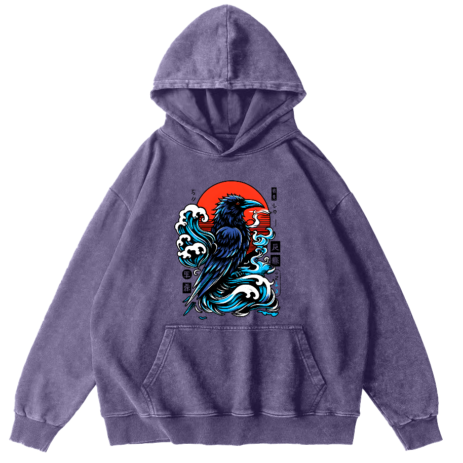 Crows In The Waves Vintage Distressed Hoodie-Zazasy