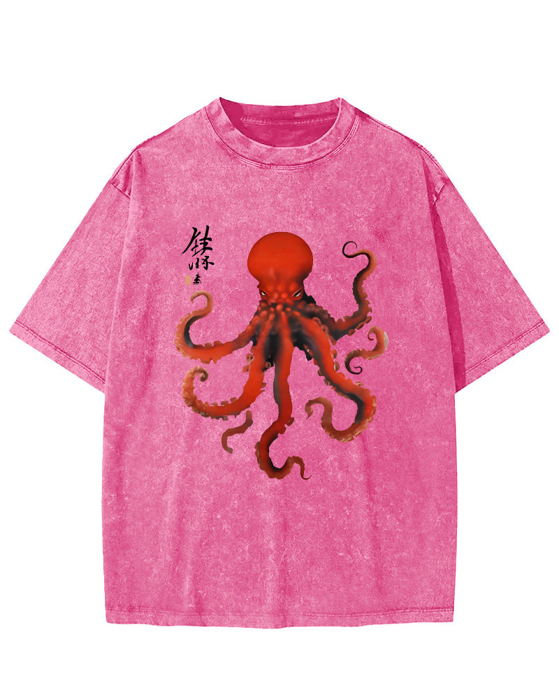 Japanese Octopus Vintage Washed T-shirt-Zazasy