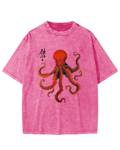 Japanese Octopus Vintage Washed T-shirt-Zazasy