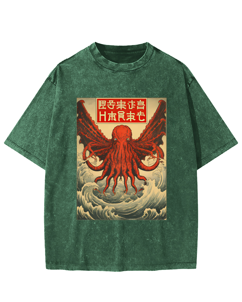 The Japanese Style Octopus Monster in The Huge Waves Vintage Washed T-shirt-Zazasy