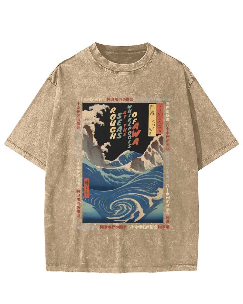Ukiyo-e Giant Waves Vintage Washed T-shirt-Zazasy