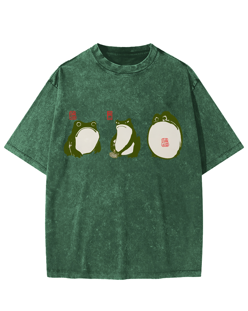 Cute Japanese Frog Vintage Washed T-shirt-Zazasy