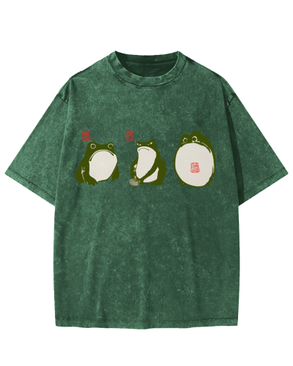 Cute Japanese Frog Vintage Washed T-shirt-Zazasy