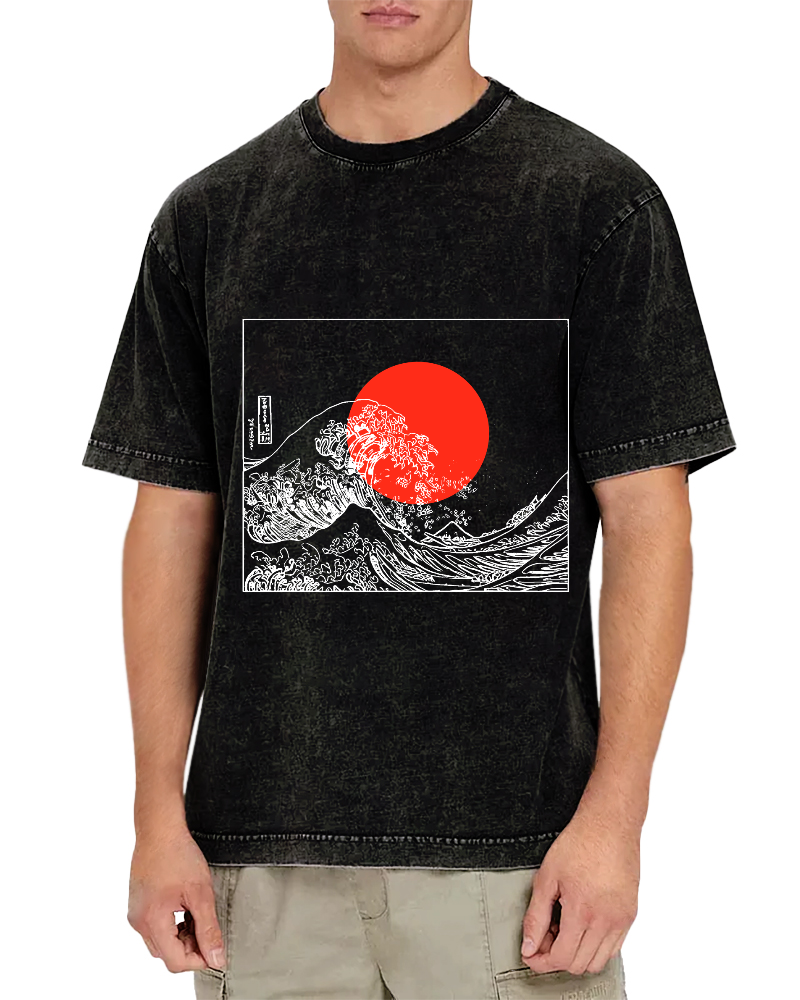Sunrise Scenery Japanese Style Vintage Distressed T-shirt-Zazasy