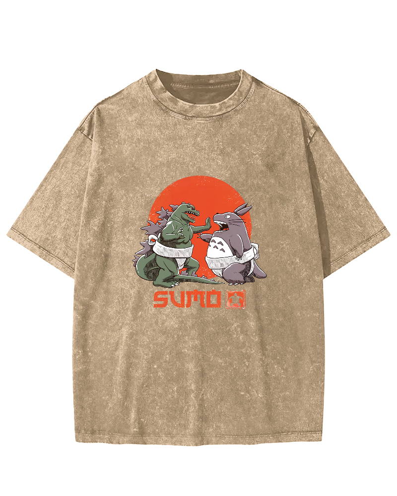 Japanese Style Cartoon Monster Pattern Vintage Distressed T-shirt-Zazasy