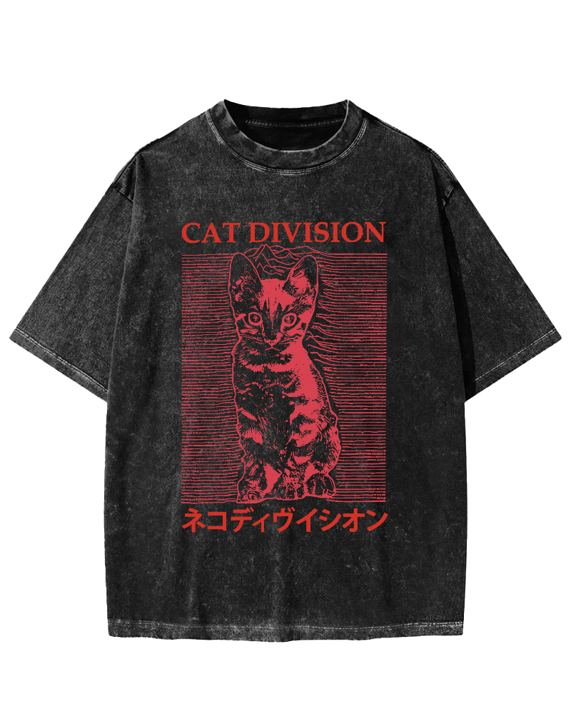 Cat Division Japanese Vintage Washed T-shirt-Zazasy