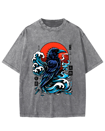 Crows in The Waves, Japanese Style Vintage Distressed T-shirt-Zazasy