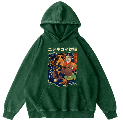 Koi and Cat Japanese Style Vintage Distressed Hoodie-Zazasy