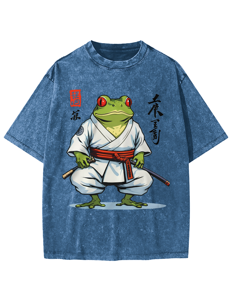 Frog Bushido Spirit Japanese Vintage Washed T-shirt-Zazasy