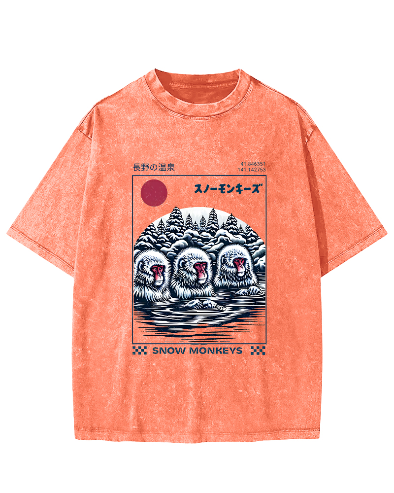 Monkey Pattern In Hot Springs, Japanese Style Vintage Distressed T-shirt-Zazasy