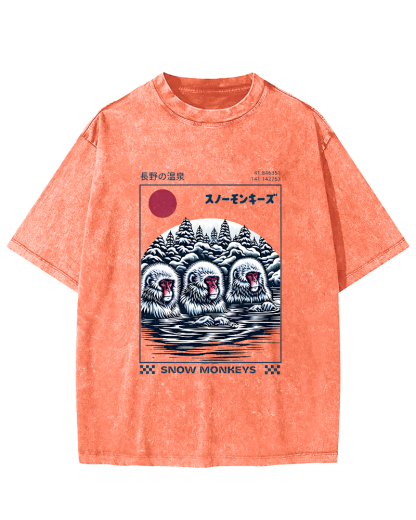 Monkey Pattern In Hot Springs, Japanese Style Vintage Distressed T-shirt-Zazasy