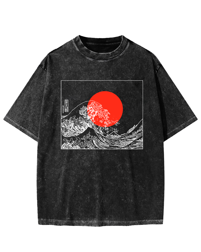 Sunrise Scenery Japanese Style Vintage Distressed T-shirt-Zazasy