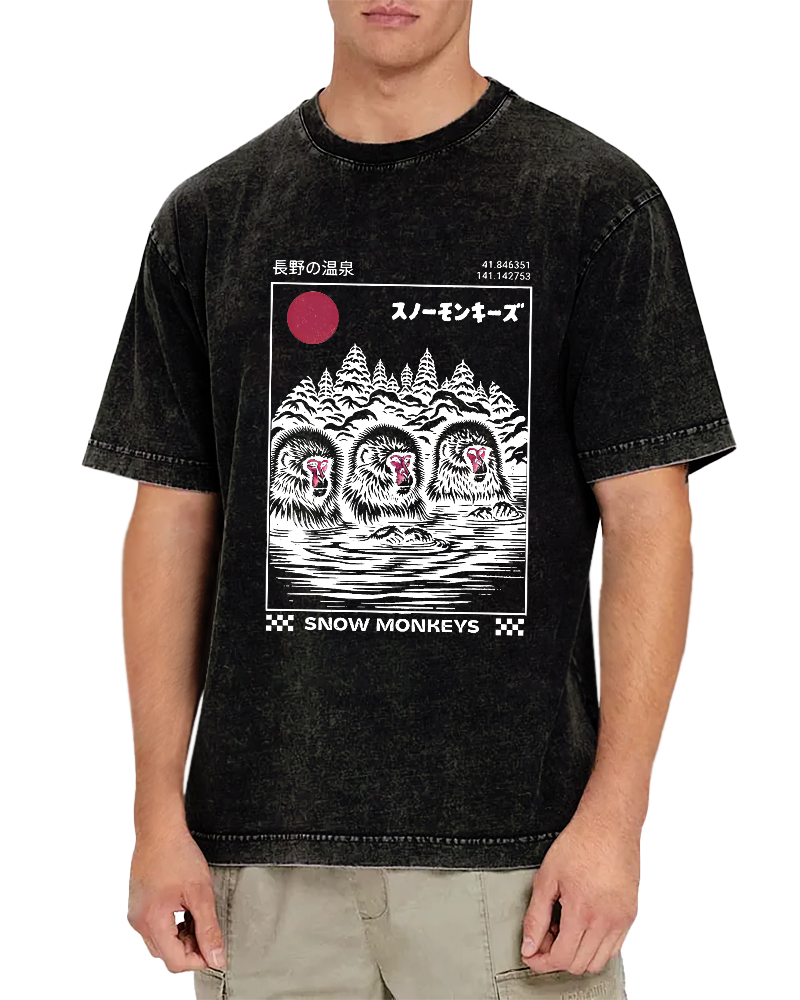 Monkey Pattern In Hot Springs, Japanese Style Vintage Distressed T-shirt-Zazasy