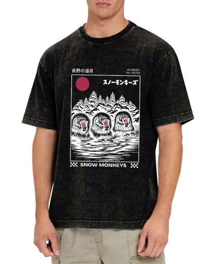 Monkey Pattern In Hot Springs, Japanese Style Vintage Distressed T-shirt-Zazasy