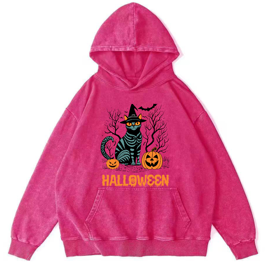 Halloween Cat Vintage Washed Hoodie-Zazasy