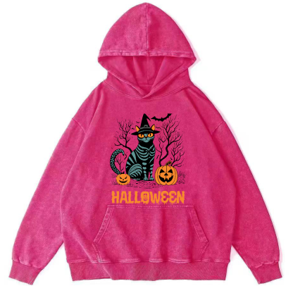 Halloween Cat Vintage Washed Hoodie-Zazasy