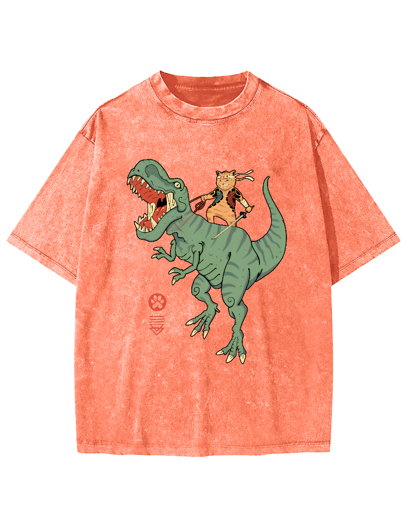 Japanese Style Warrior Cat Riding a Dinosaur Vintage Distressed T-shirt-Zazasy